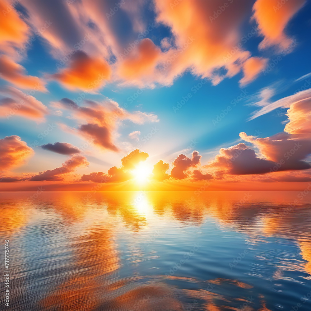 Beautiful Landscape with Clouds and Orange Sun on a Blue Sky