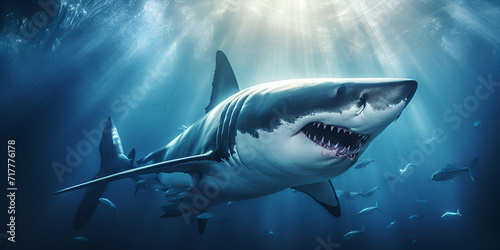 Raging Oceanic Behemoth: An Angry and Menacing Big Shark Commands Attention as it Widely Opens its Formidable Mouth, Displaying Terrifyingly Sharp Teeth in a Display of Underwater Dominance
