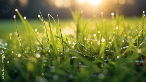 Dew-covered blades of grass in the early morning, with the first rays of sunlight casting a golden glow on the lawn.