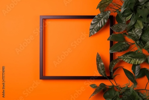 Square frame with plant border on orange background and copy-space. Generative AI