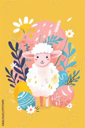 A charming Easter scene featuring a cute sheep surrounded by colorful eggs and vibrant flowers.