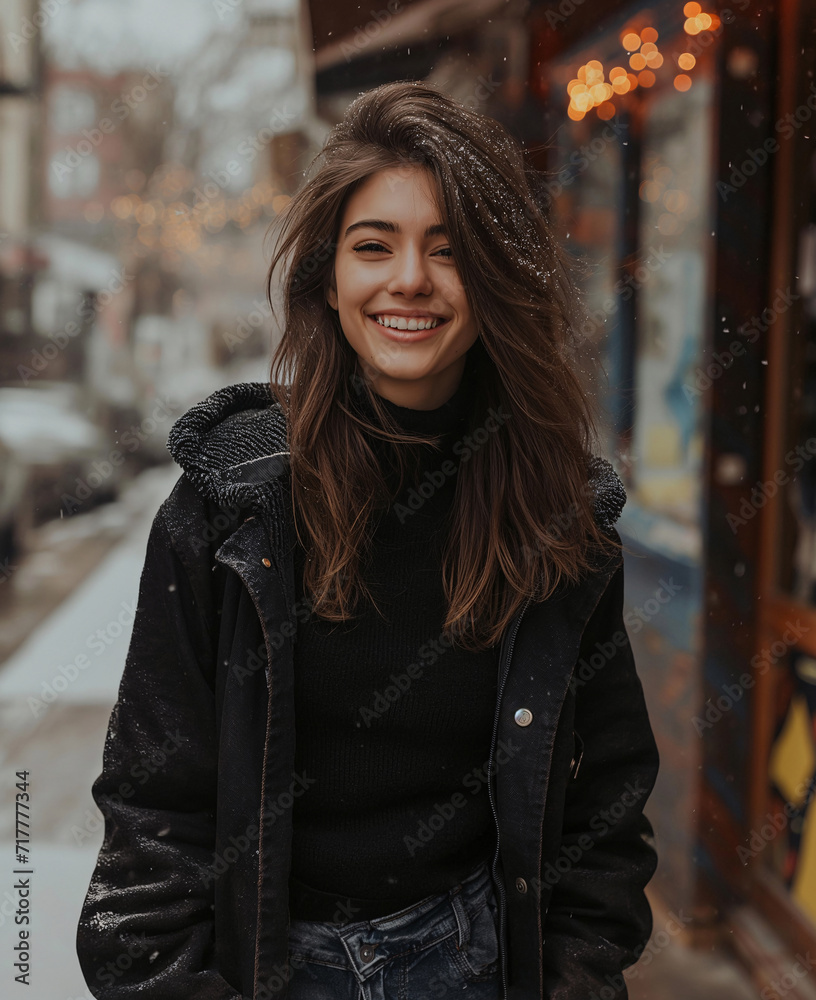 Woman smiling at camera. A stylish woman exudes confidence and warmth as she stands in the wintry streets, her leather jacket adding an edge to her fashionable street style