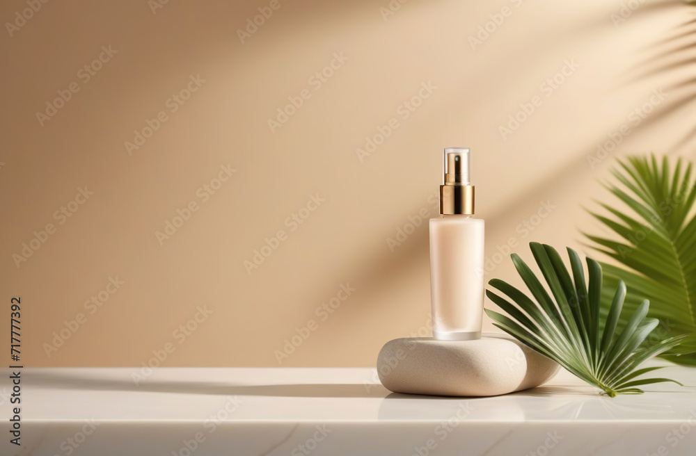 Frosted glass bottle standing on stone. Natural skin care SPA beauty product design. Mineral organic oil cosmetics on beige background. Mock-Up. Oily pipette. Face and body treatment. Front view