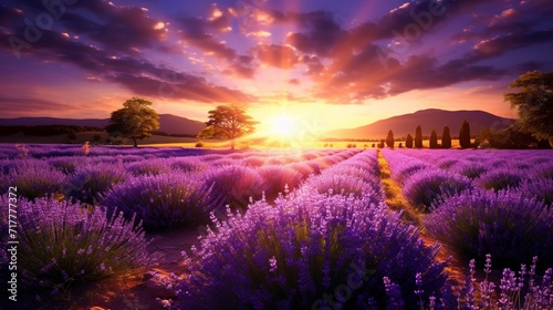 Sun-kissed lavender fields stretching as far as the eye can see, with bees buzzing around the fragrant purple blooms.