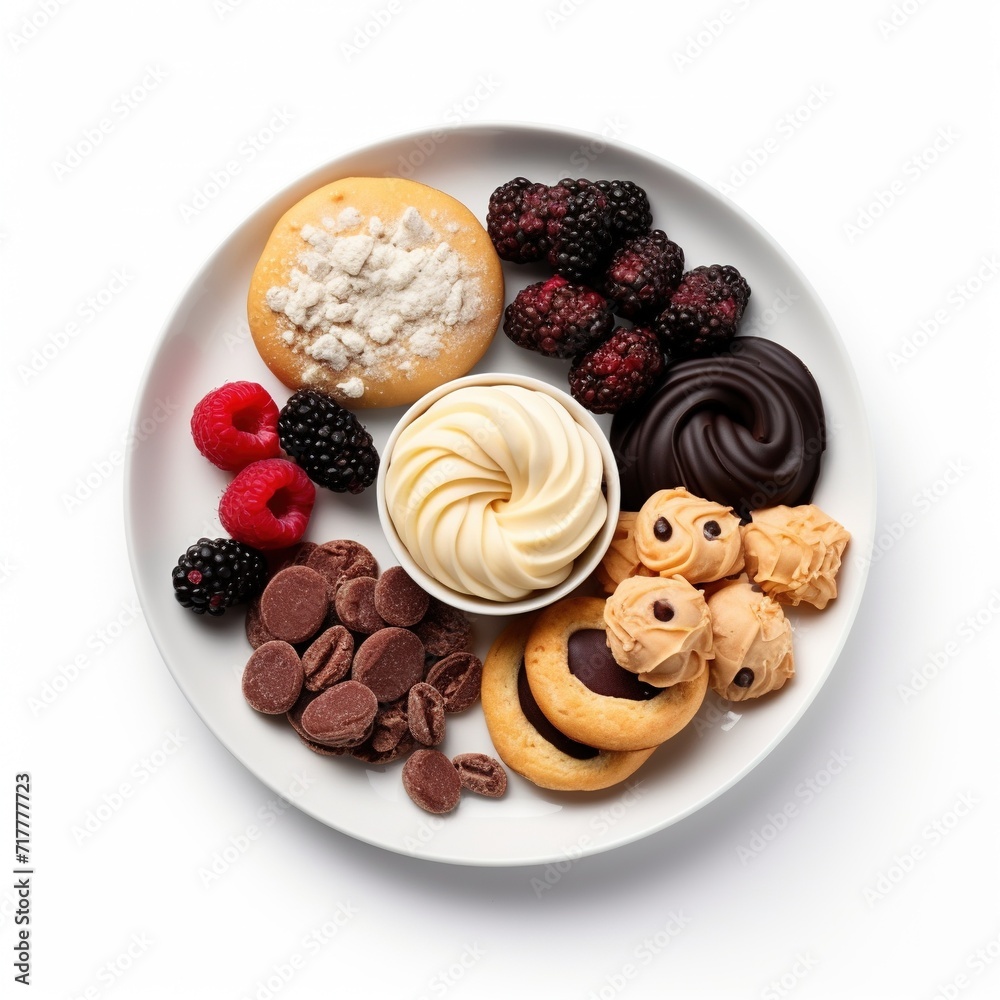 A plate full of delicious snacks on a white plate top view isolated on a white background A plate full of delicious snacks on a white plate top view isolated on a white background