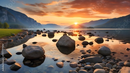 sunset over the lake, sunrise over the river, rocks in river with sun light