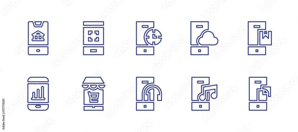 Smartphone line icon set. Editable stroke. Vector illustration. Containing bank, phone camera, phone, market, clock, book, cloud, headphone, document, music.