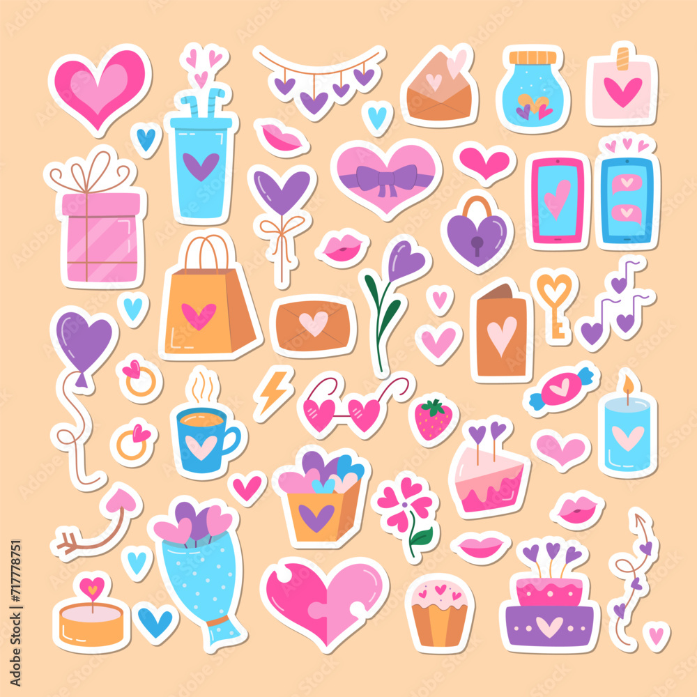 Valentines Day Sticker Colorful Vector Collection. Design Element Set and Clip Art for Valentine Day. Cute Colorful Illustration of Cake, Greeting Card, Candle, Heart, Telephone, Gift Box.