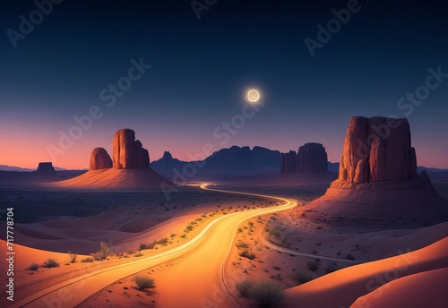 Desert night landscape illustration with windin photo