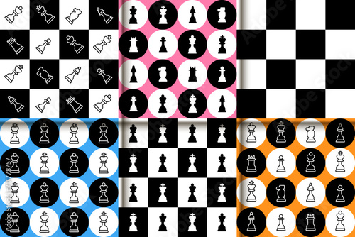 Chess Pieces and Chess Board Seamless Pattern Collection. Board Game Sport Championship Game Background Set.