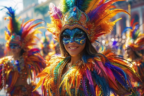 Carnival Revelers: Colorful Masks and Feathered Headdresses Generative AI