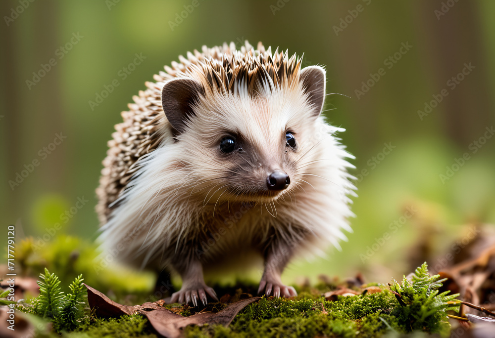 Hedgehogs stand in a rich forest with many kinds of flowers and Hedgehogs stand in a rich forest with many kinds of flowers and
