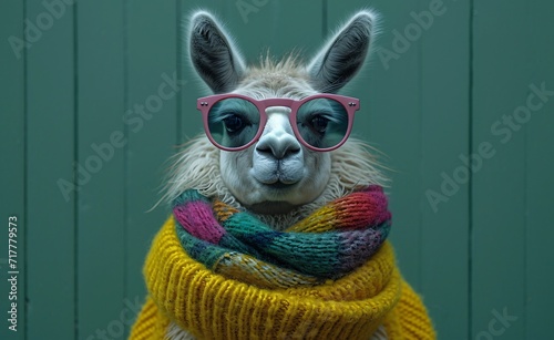 Pink Sunglasses and Scarf Trend: A Cute Llama in Fashionable Glasses and Scarf Generative AI