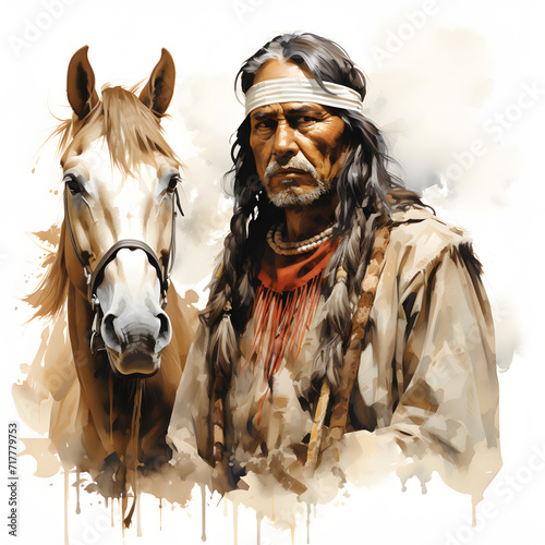 A native american with a horse in a traditional setting isolated on white background, realistic, png 