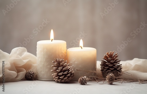 A brightly lit candle  decorated with pine flowers beside it  can be used as a background for greeting cards  posters  banners  and more.