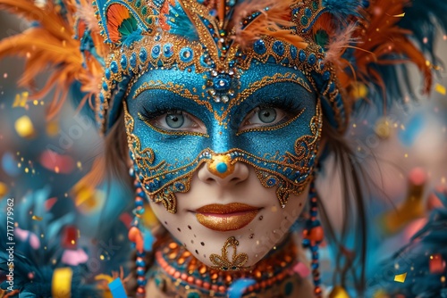 Mardi Gras Masked Marvel: A Blue and Gold Face Painted Face Generative AI