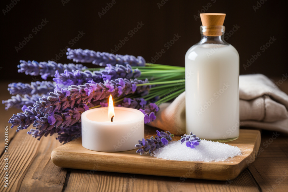 relaxing aromatherapy treatment,still life of folded fluffy towels,sea salt,candles and lavender twigs,on a wooden base,the concept of the spa industry relaxing aromatherapy treatment,still life of folded fluffy towels,sea salt,candles and lavender twigs,on a wooden base,the concept of the spa industry