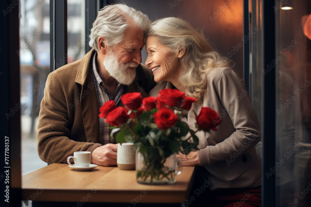 an elderly couple in love,sitting in a cafe,celebrating valentine's day or wedding anniversary ,the concept of family values,,tourism,valentine's day,positive aging