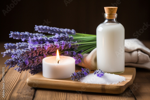 relaxing aromatherapy treatment still life of folded fluffy towels sea salt candles and lavender twigs on a wooden base the concept of the spa industry