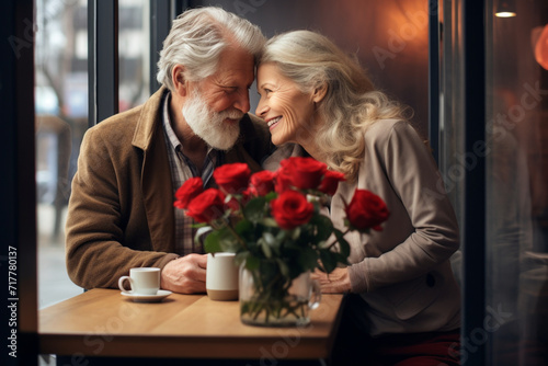 an elderly couple in love,sitting in a cafe,celebrating valentine's day or wedding anniversary ,the concept of family values,,tourism,valentine's day,positive aging © Наталья Лазарева