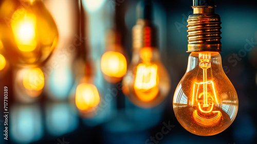 Vintage Style Electricity: Glowing Light Bulbs Illuminating Dark Background, Symbolizing Idea and Innovation