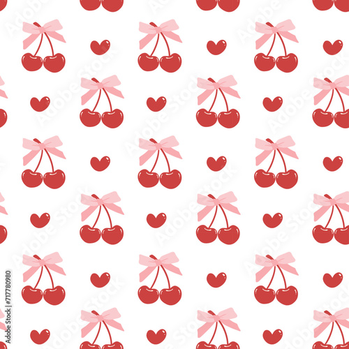 cute coquette aesthetic pattern seamless red cherries with pink ribbon bow isolated on white background