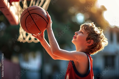 A young boy practices his basketball skills, aiming for the basket. His determination underscores the joy of the sport and the thrill of achievement, Generative AI © Imagery Innovators
