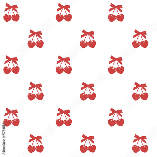 cute coquette pattern seamless red cherries with ribbon bow isolated on white background
