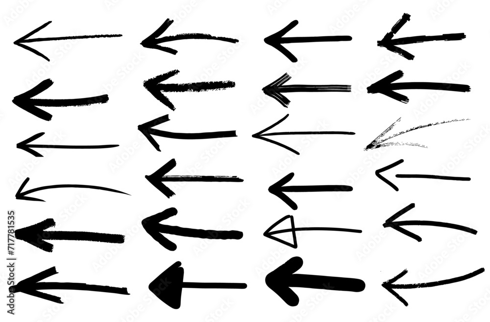 Set of hand drawn black arrows. Vector illustration isolated on white background.
