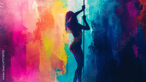 Glowing Grace: A Neon Watercolor Portrait of a Pole Dancer photo