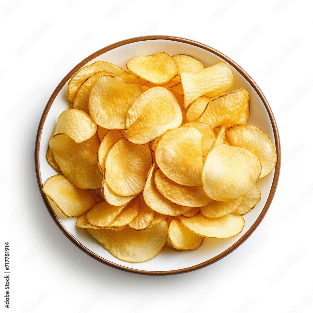 A plate with potato chips top view isolated on a white background A plate with potato chips top view isolated on a white background