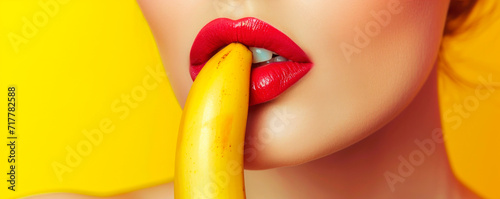 sexy and intimate concept, woman licks and takes a banana in her mouth on a color background, the girl's tongue and lips erotically touch the fruit. AI generated. photo
