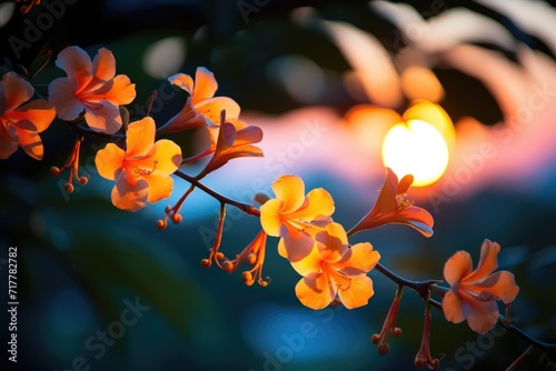 Tropical Twilight  Shoot vibrant tropical flowers with the last light of the day and bokeh lights mimicking fireflies.