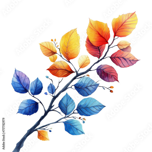Watercolor Branch with Colorful Leaves Isolated on Transparent or White Background, PNG