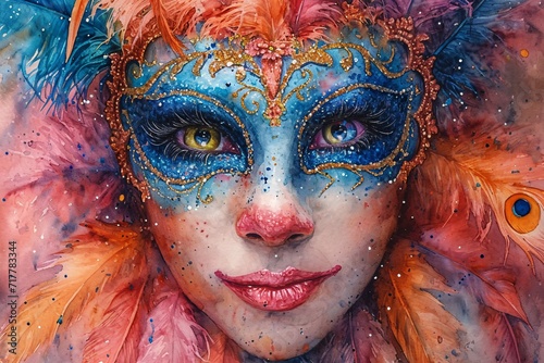 Mardi Gras Masked Marvel: Colorful Face Paint and Eye Makeup Generative AI