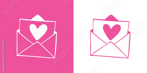 Logo del día de San Valentín. Mensaje de amor. Silueta de corazón en carta en sobre abierto para su uso en felicitaciones y tarjetas photo