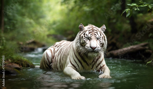 White siberian tiger on water, in forest. Dangerous animal. Animal in a green forest stream.