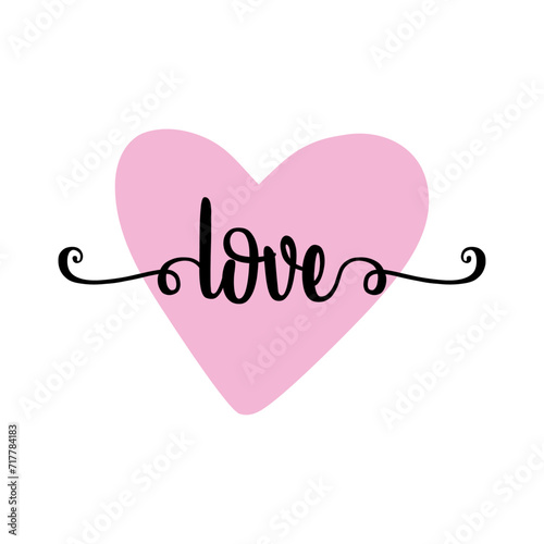 Logo del día de San Valentín. Silueta de corazón con palabra en texto manuscrito love con raya de decoración de caligrafía