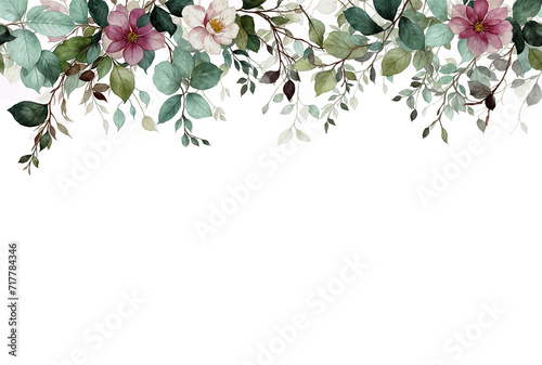 pastel flowers and greenery, arranged in seamless border, decoration template for design, poster, greeting card, isolated on background, 8 march, Mother's day, birthday, wedding, space for text