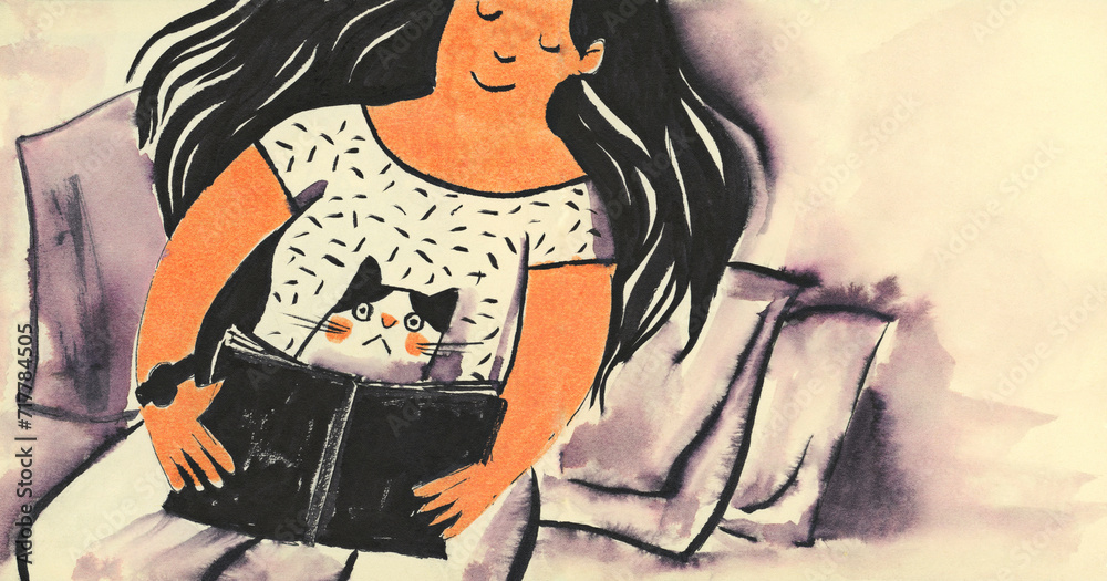 A girl with a cat. A doodle-style sketchbook drawing. A girl with a cat. A doodle-style sketchbook drawing.