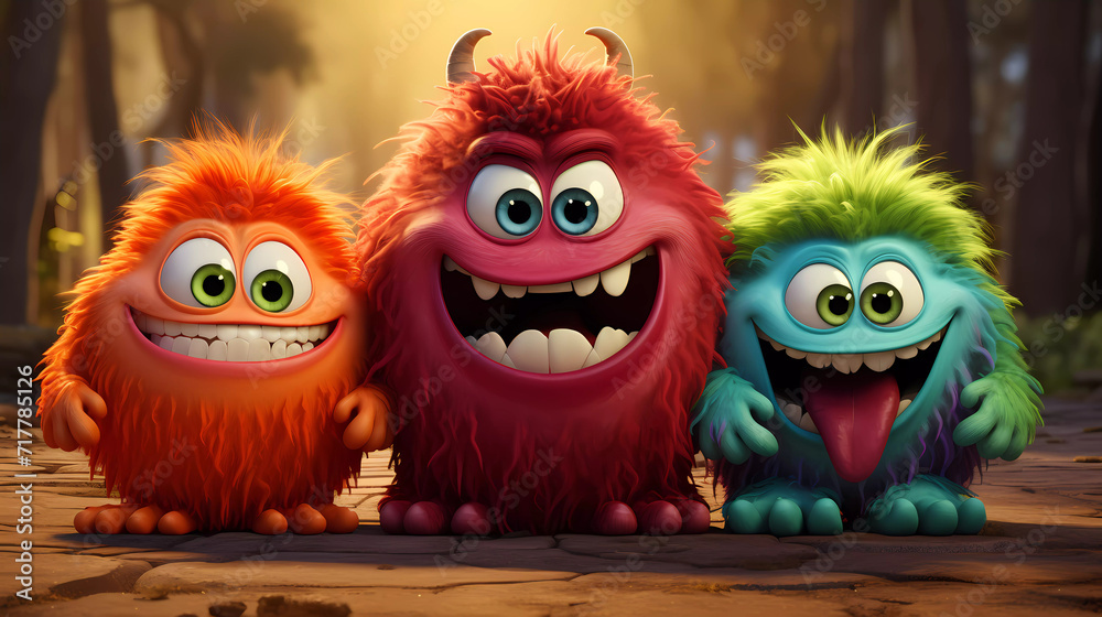 A group of three cartoon monsters sitting next to each other