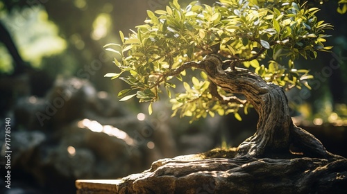 A close-up shot of an intricately pruned Olive Bonsai tree with sunlight filtering through its leaves, highlighting the delicate details of the branches and foliage.
