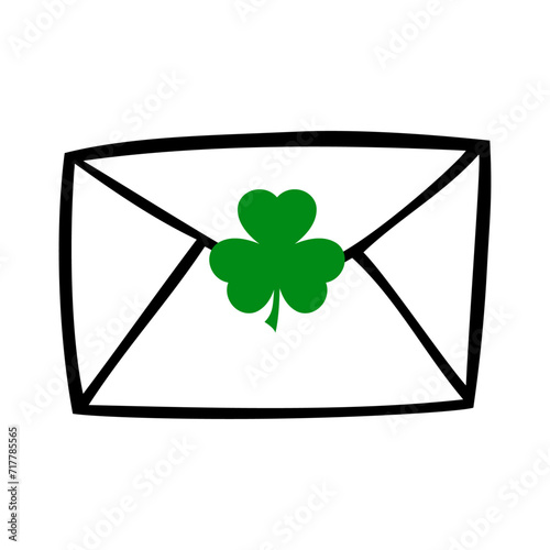 Día de San Patricio. Mensaje de suerte. Silueta de trébol en sobre cerrado para su uso en felicitaciones y tarjetas