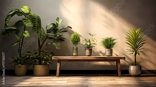 A group of three different types of plants in a room with a bench and a table with a plant on it