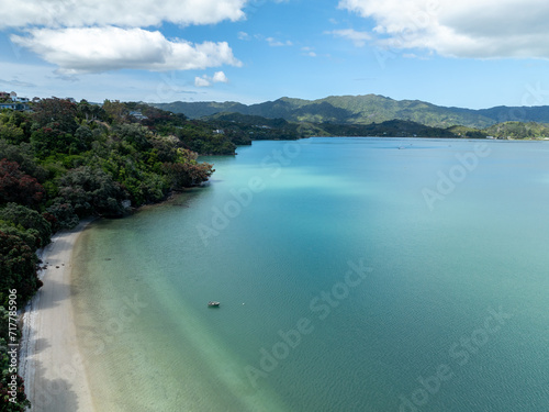 Aerial: Calm beach and coastline with pohutukawa trees. Wyuna Bay, Coromandel, Coromandel Peninsula, New Zealand.