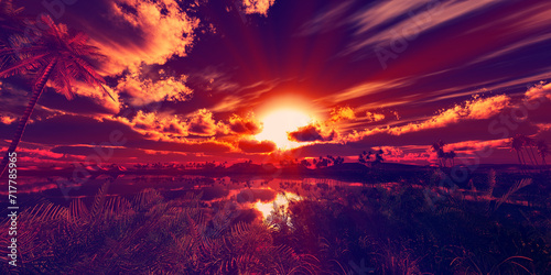 oasis sunset landscape background illustration photo
