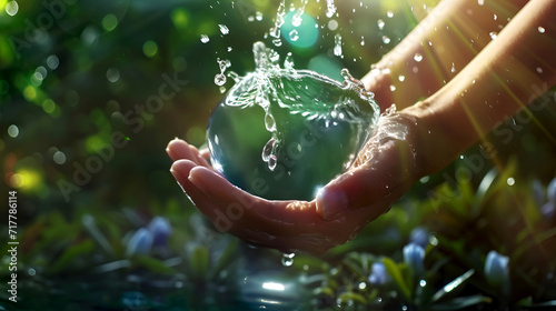 Hands hold water globe, nurturing nature, World Water Day. Safeguarding water, splash in hand, World Water Day homage. Caring for water, hand holding water sphere, environmental steward photo