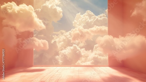 Generative AI, peach fuzz color fantastic 3d clouds in the room interior, sky and landscape. Gentle colors and with bright lights
 photo