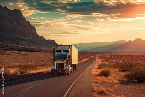 Majestic scene capturing a transport semi-truck effortlessly crossing the expansive terrain of the southwest United States, a representation of logistics, freight and delivery, Generative AI
