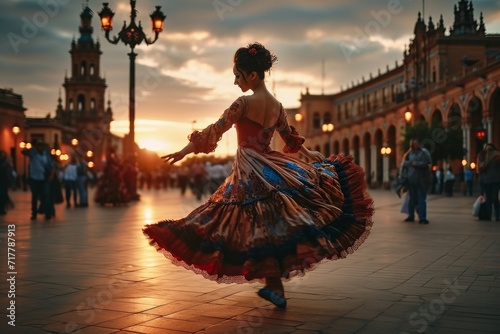 Flamenco dancer performing passionately in city square at sunset, traditional Spanish dance, vibrant colors, Generative AI photo